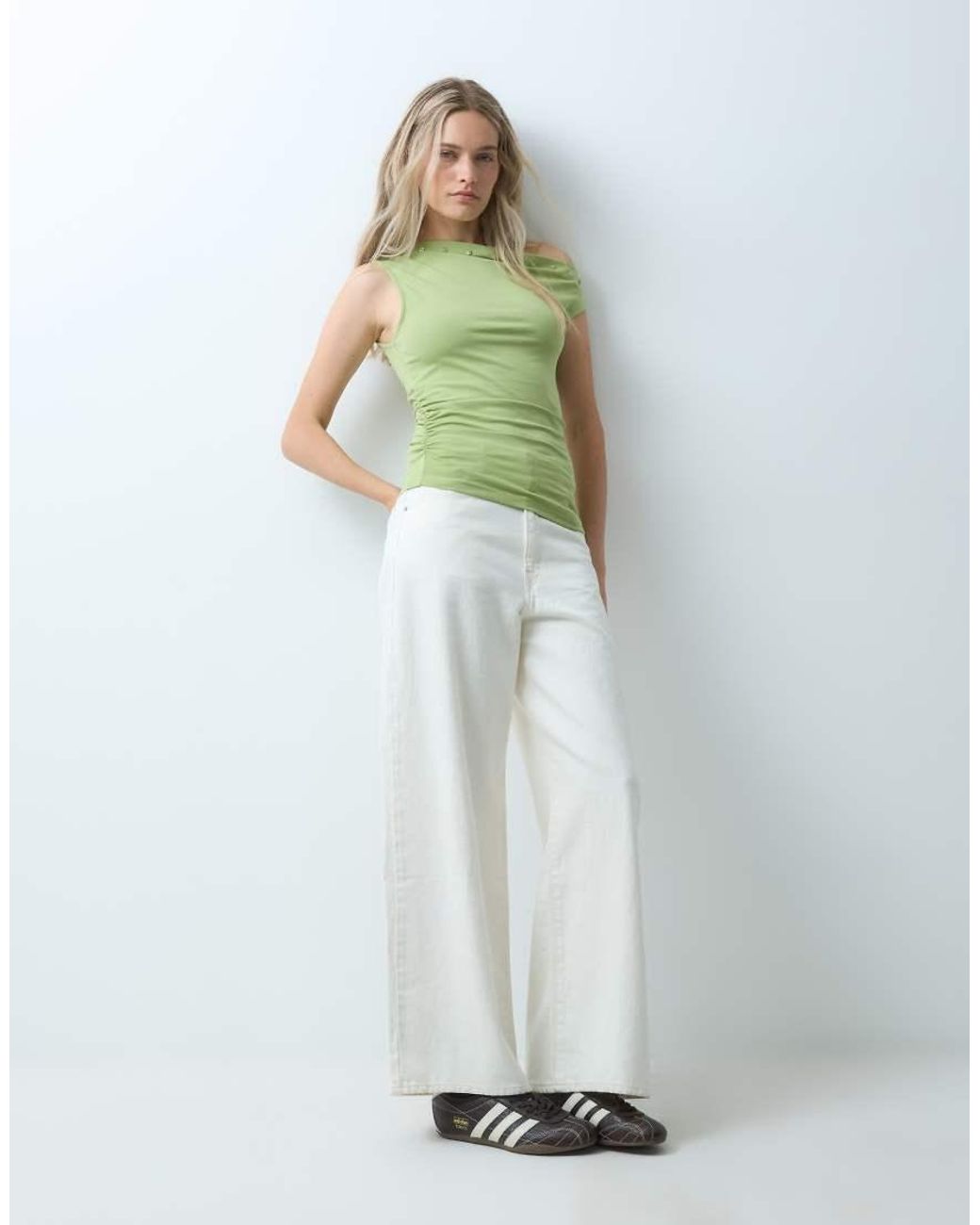 JJXX Green Asymmetric Shoulder Top With Button Detail
