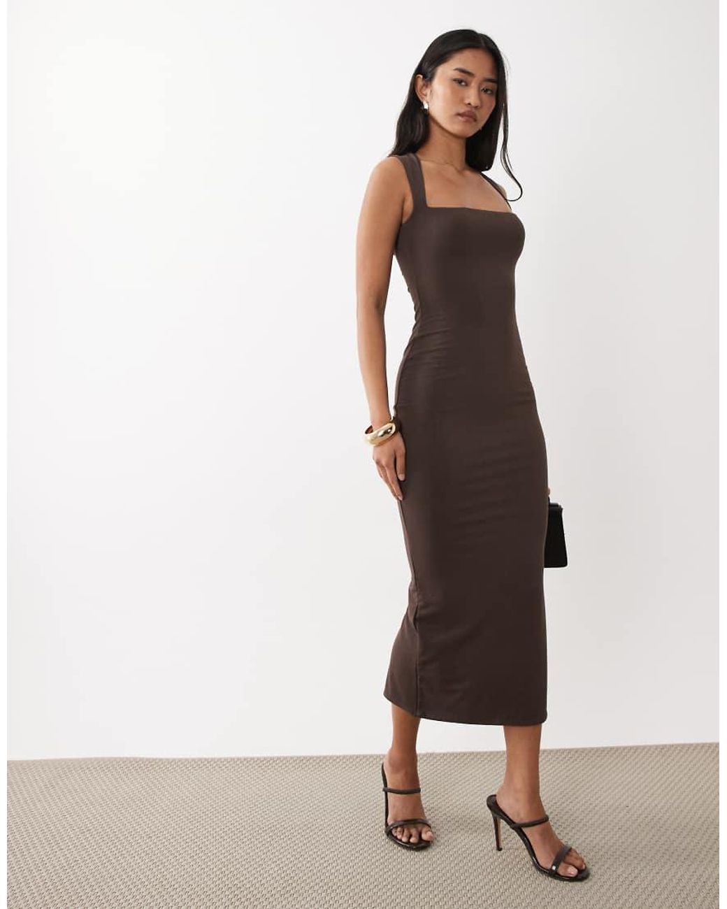 Oh Polly Brown Modal Blend Square Neck Slinky Midi Dress