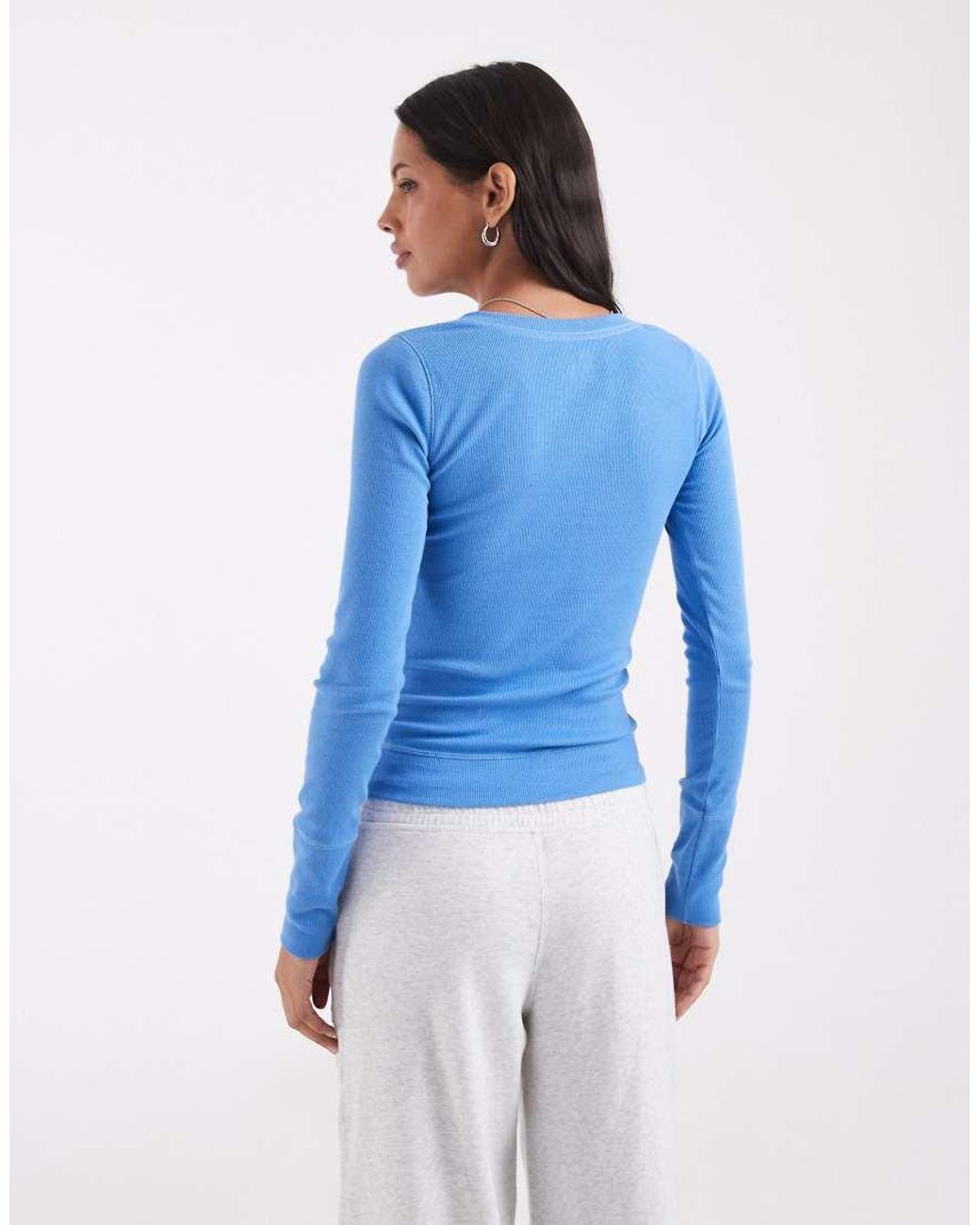 Hollister Blue Long Sleeve V Neck Graphic Top