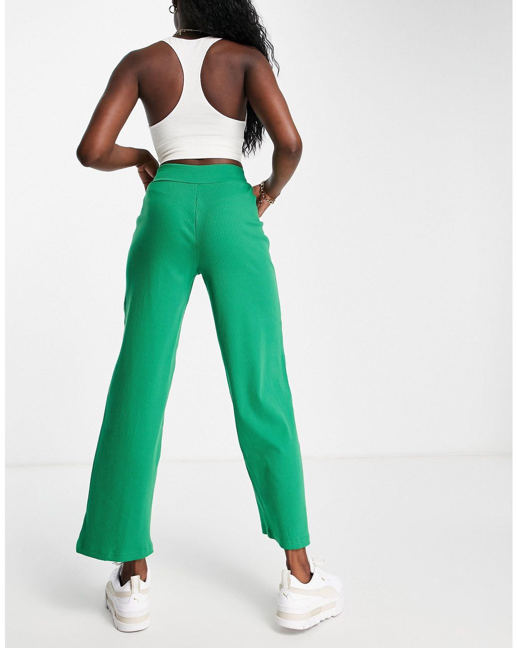 PUMA Ribbed High Waisted Wide Leg Pants in Green | Lyst