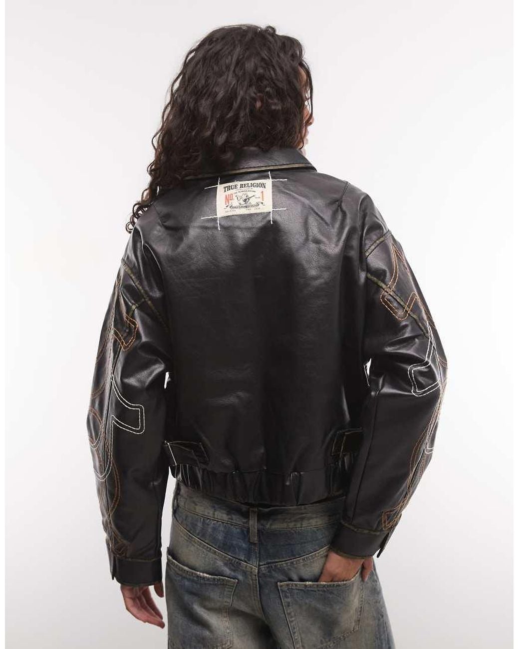 True Religion Black Embroidered Buddha Graphic Relaxed Fit Pu Bomber Jacket