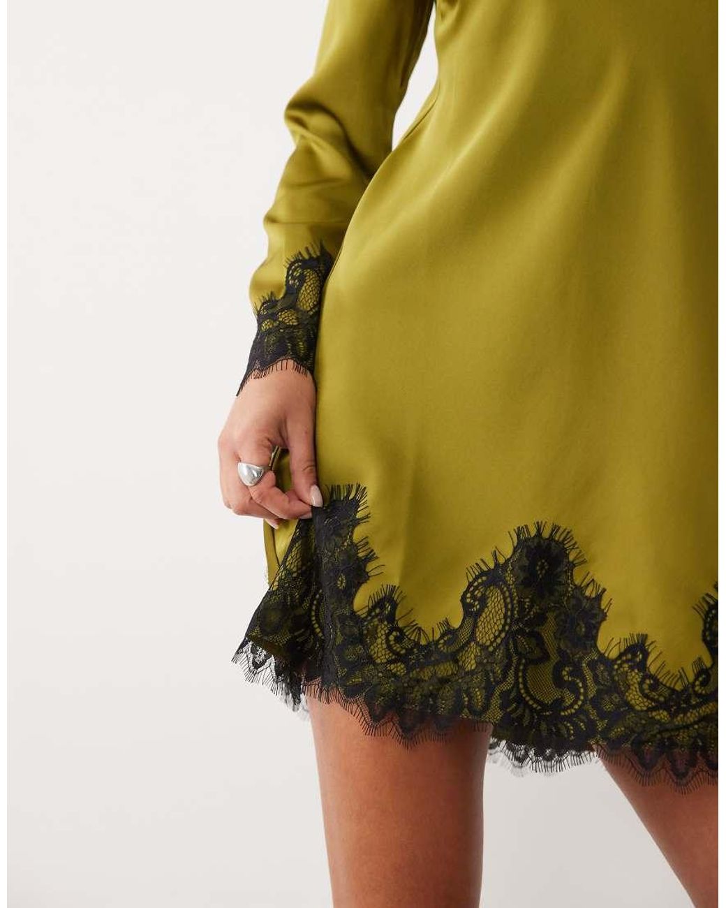 Nobody's Child Green Kamari Satin Boat Neck Lace Trim Mini Dress