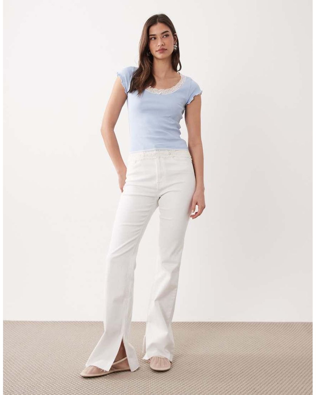 Miss Selfridge White Scoop Neck Fitted Rib Top With Lace Trim