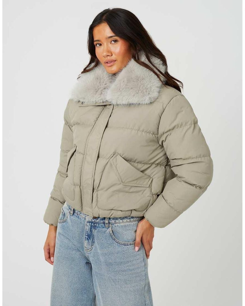 Brave Soul Natural Short Padded Jacket With Detachable Collar