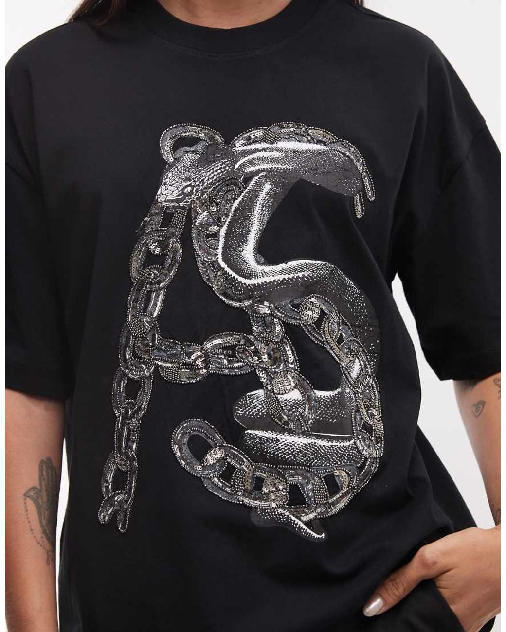 AllSaints Black Linx Etta Short Sleeve Boxy T-Shirt With Embellished Graphic Logo