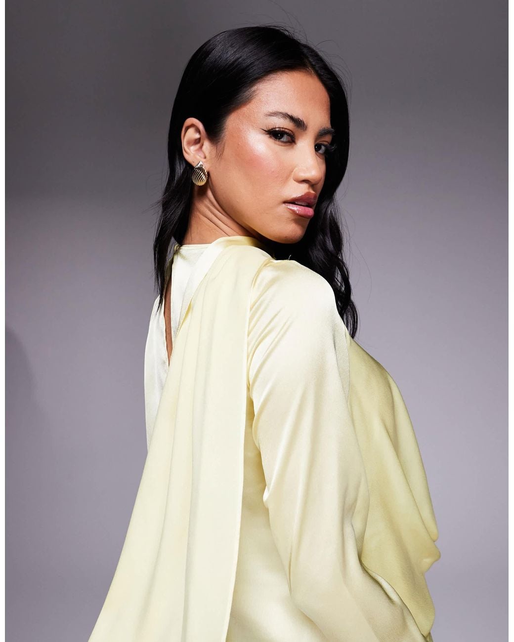 ASOS Blue Satin Long Sleeve Plunge Mini Dress With Drape Neck Scarf And Wrap Skirt