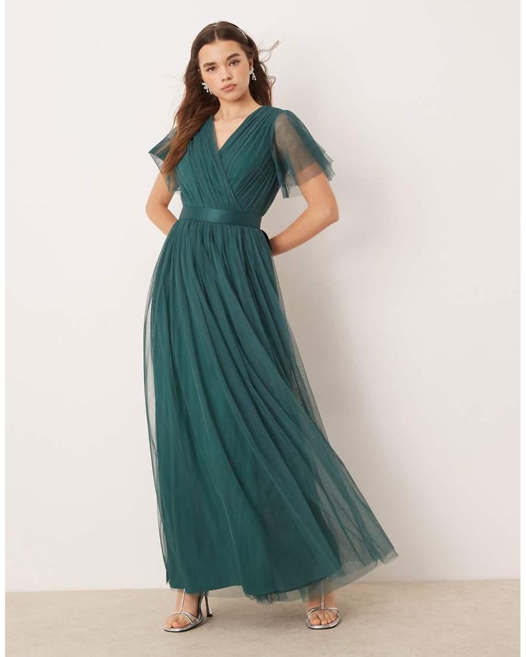ANAYA Green Faux Wrap Short Sleeve Bridesmaid Maxi Dress