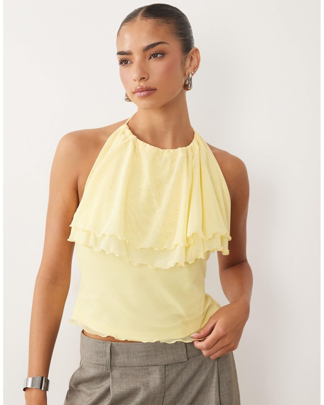 ASOS Natural Mesh Ruffle Halter Cami Top