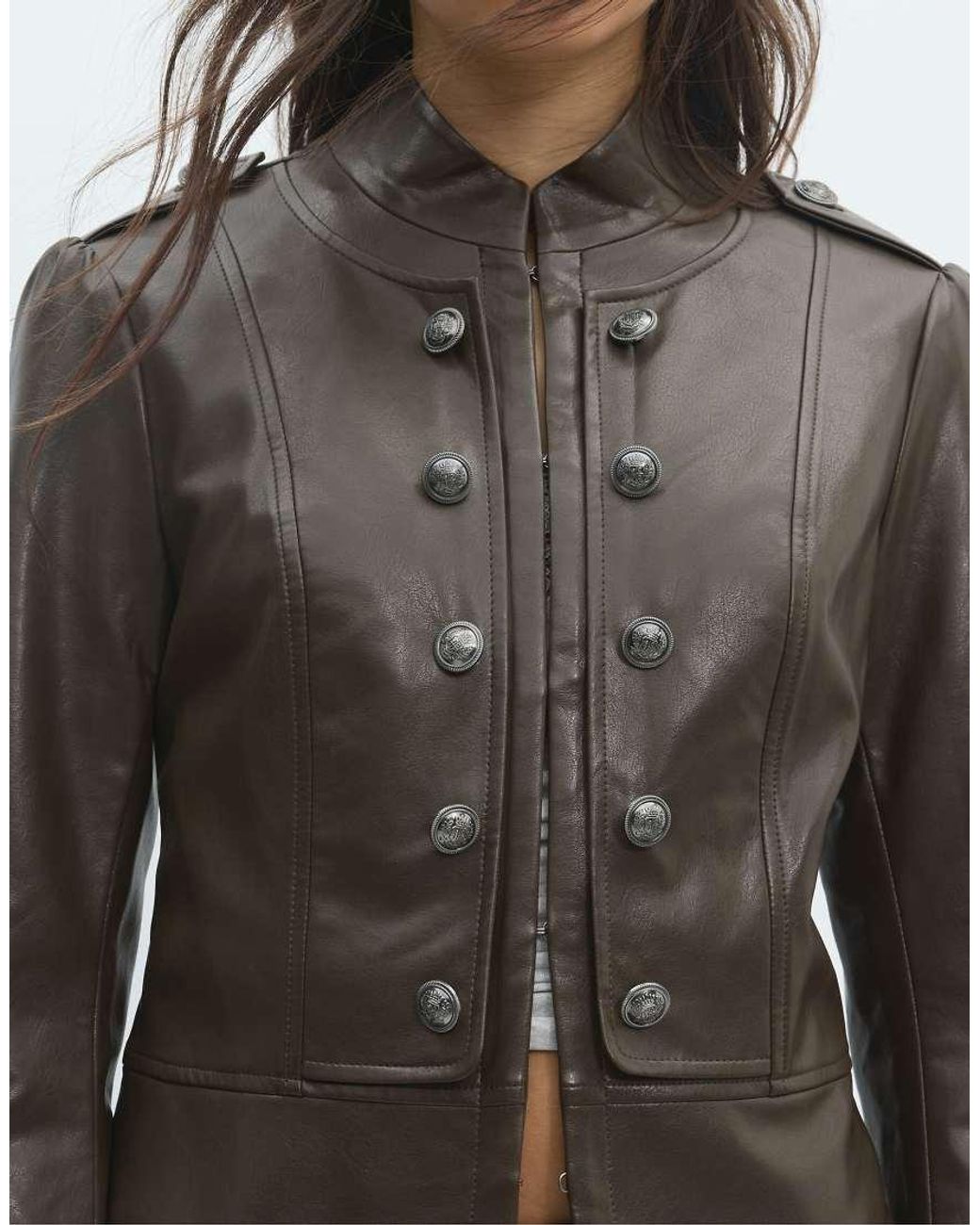 Stradivarius Blue Leather Effect Blazer With Engraved Buttons