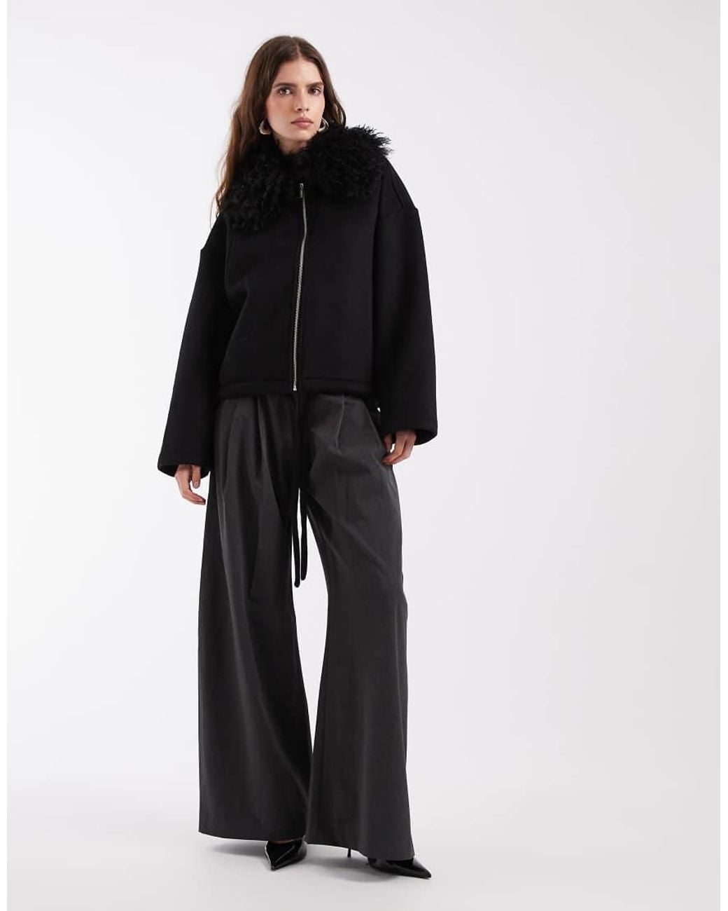 Object Black Zip Front Bomber Jacket With shaggy Collar