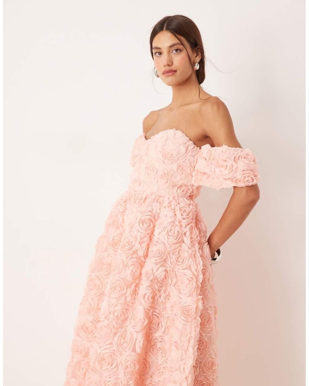 True Decadence Pink Bardot Midi Dress With Gathered Sleeves