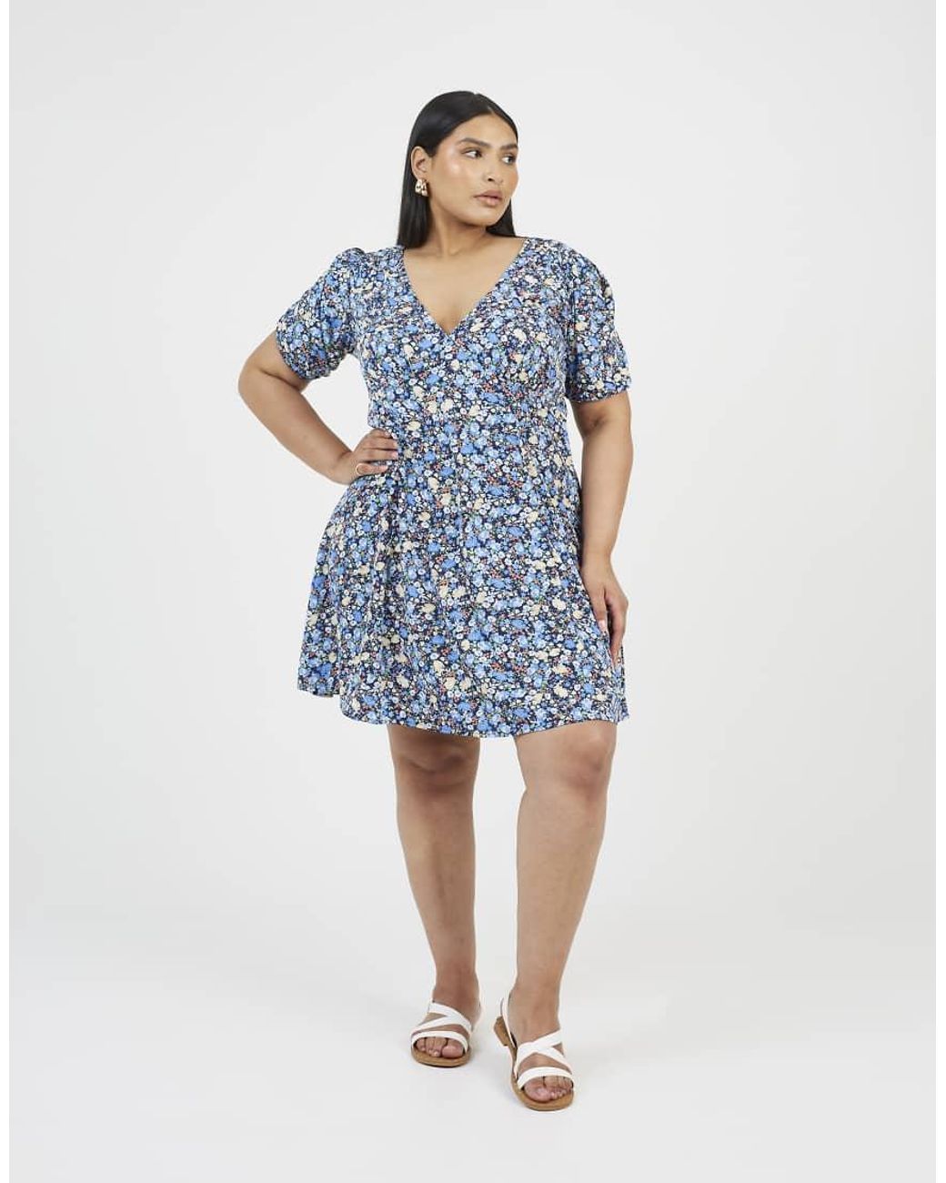 Brave Soul Blue Curve Floral Puff Sleeve V-Neck Mini Dress