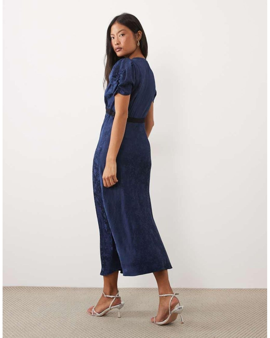 Nobody's Child Petite Blue Nicolette Satin Jacquard Lace-detail Plunge Neck Cap Sleeve Midi Dress