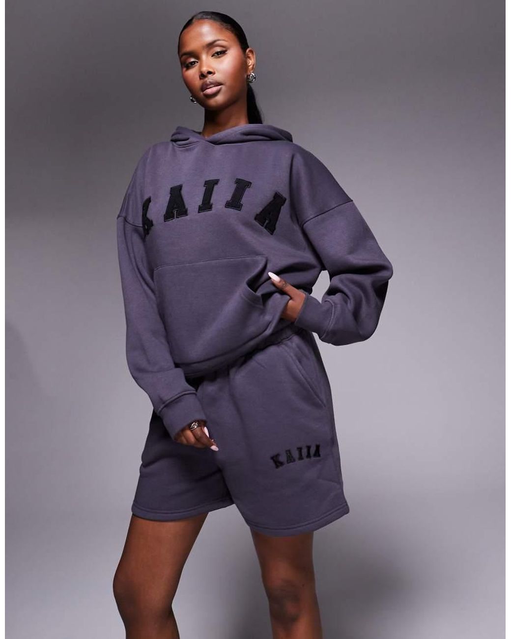 Kaiia Blue Cotton Blend Embroidered Logo Sweat Shorts Co-ord