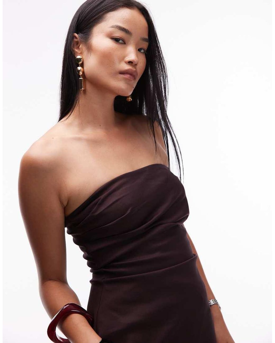 SNDY'S Brown Tailored Bandeau Ruched Detail Longline Top Co-ord