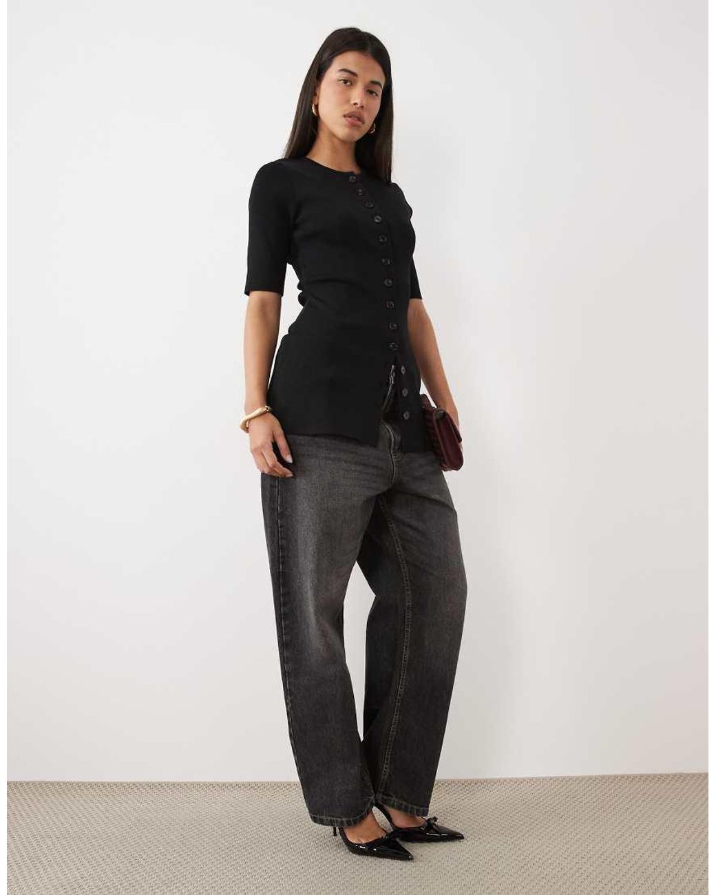 Pretty Lavish Black Knit Button Down Longline Top