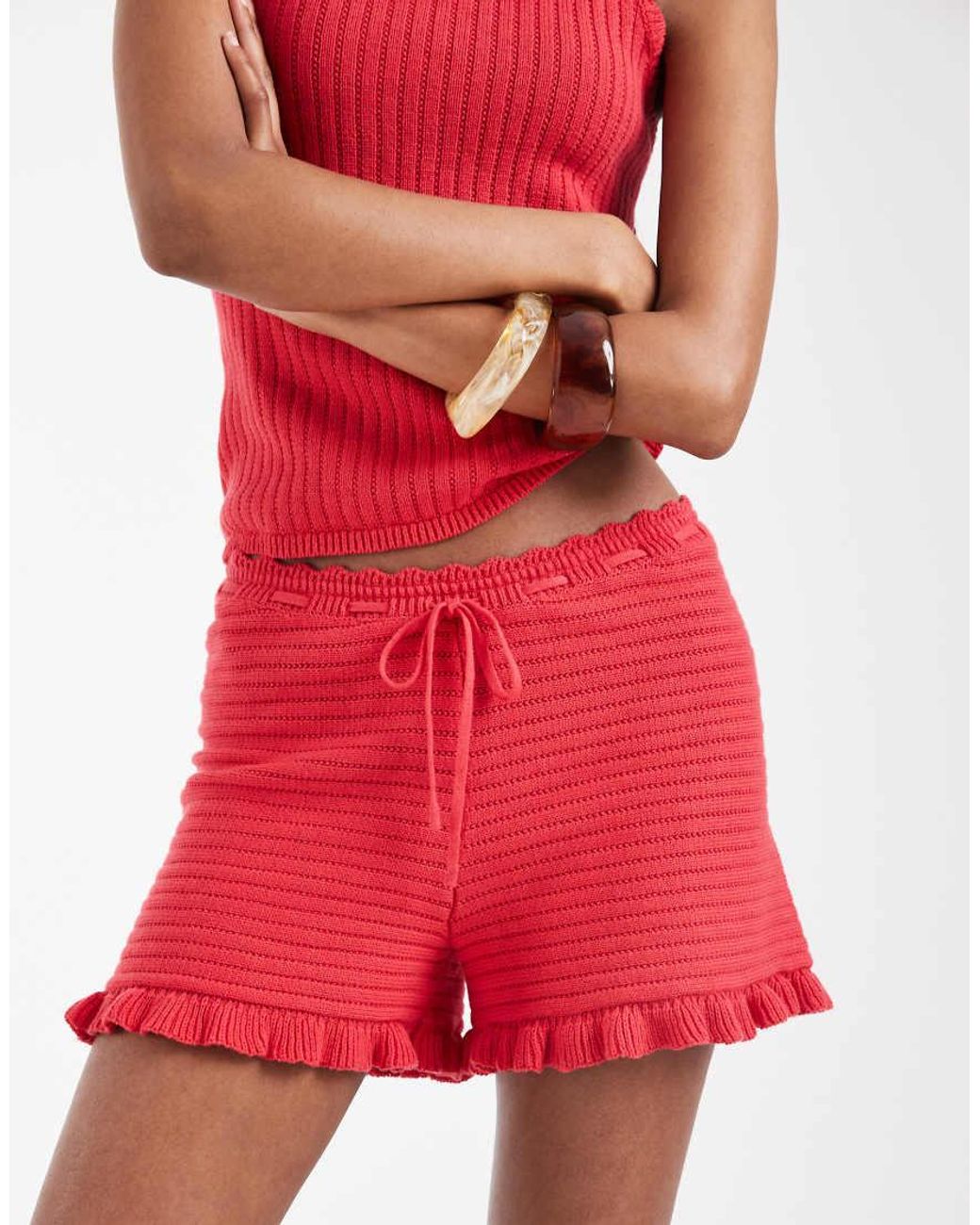 Monki Red Crochet Style Frill Hotpants Co-ord