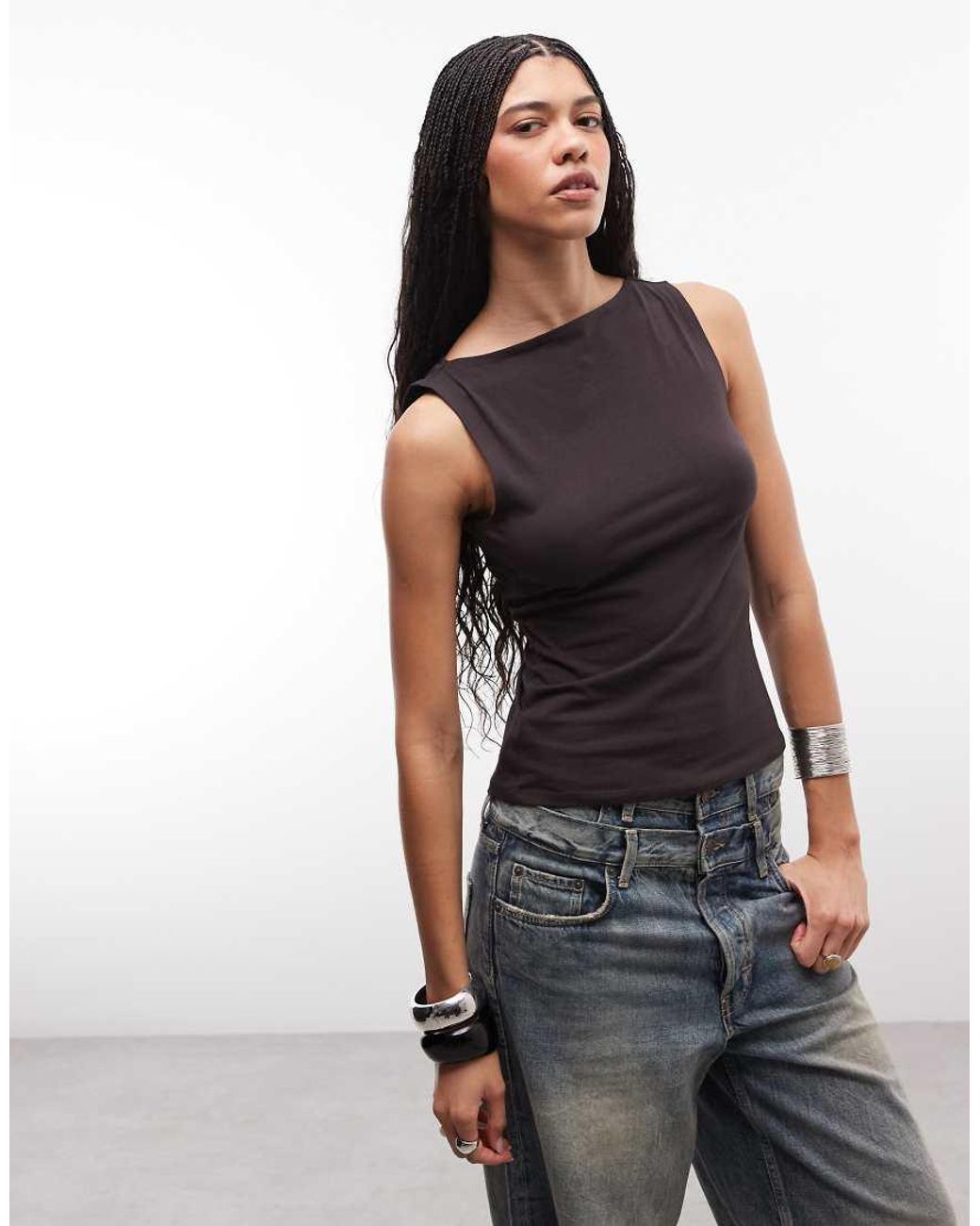 Weekday Brown Slash Neck Tank Top With Open Back