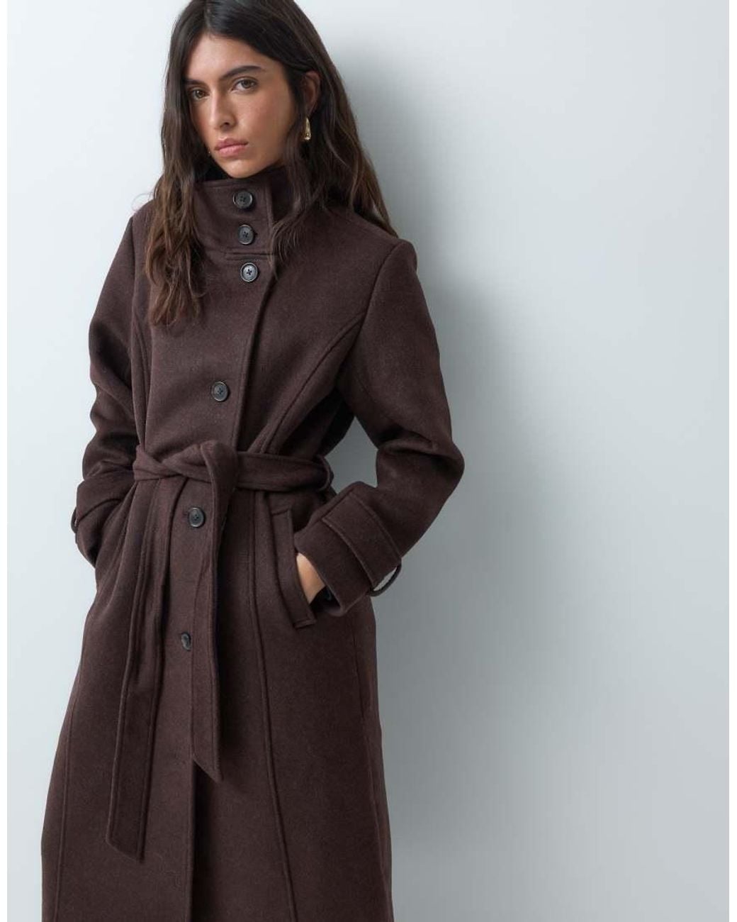 Abercrombie & Fitch Brown Wool Rich Blend Funnel Neck Belted Coat