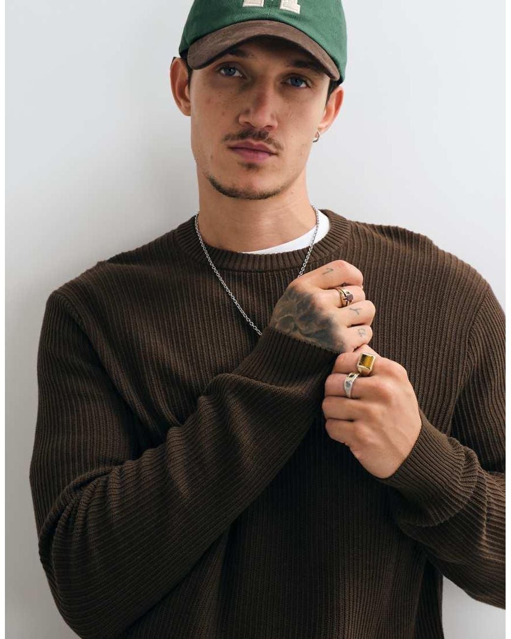 Only & Sons White Relaxed Fit Crew Neck Knit Jumper for men