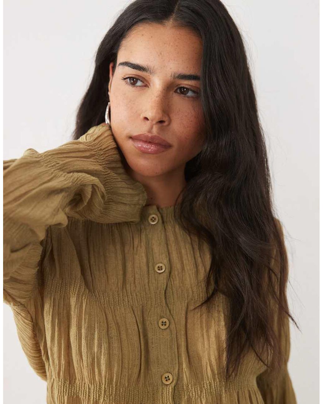 Miss Selfridge Green Textured Button Through Top With Flare Sleeve