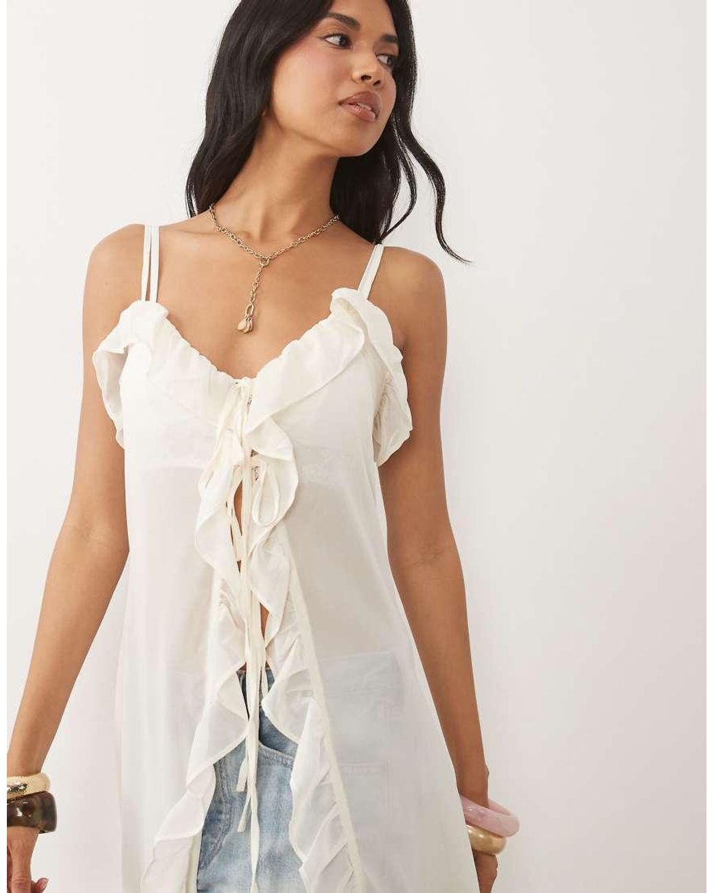 The Frolic Natural Exclusive Chiffon Frill Detail Tie Front Maxi Dress