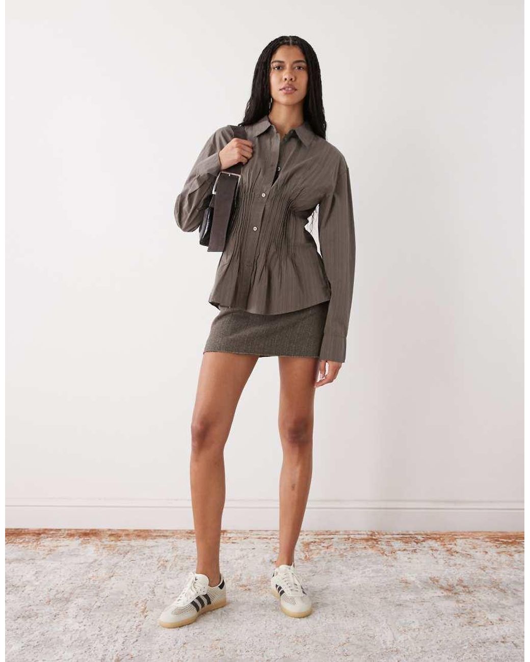 Weekday Brown Cinched Shirt With Ruching And Peplum Hem