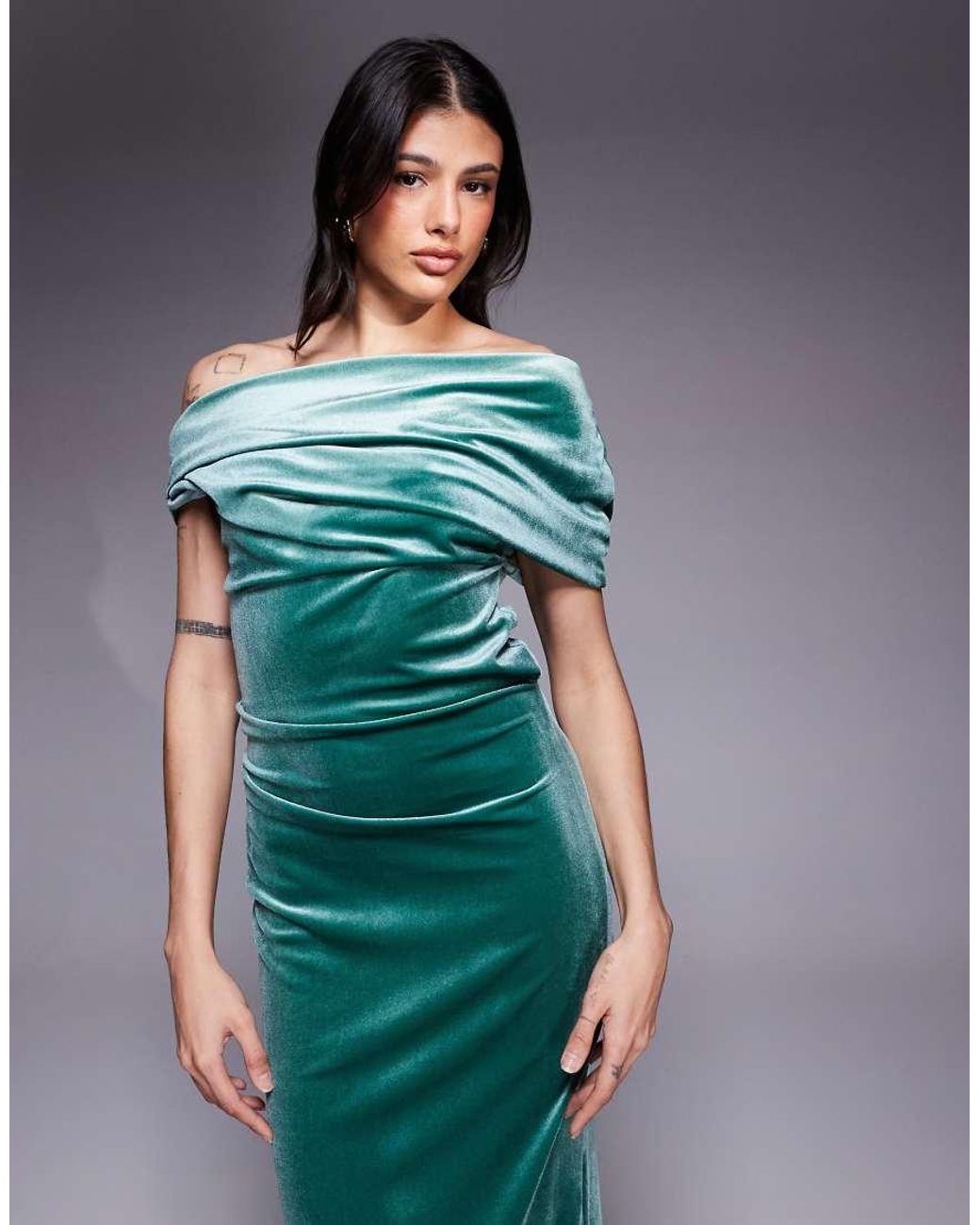 ASOS Blue Asos Design Tall Velvet Midi Dress With Fallen Shoulder