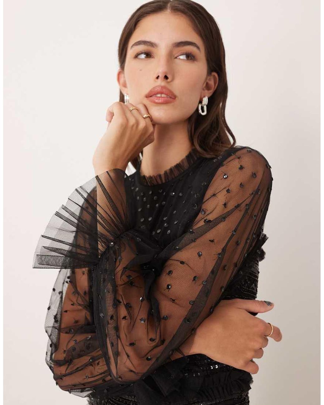 Maya Natural Sequin Long Sleeve Tulle Maxi Dress