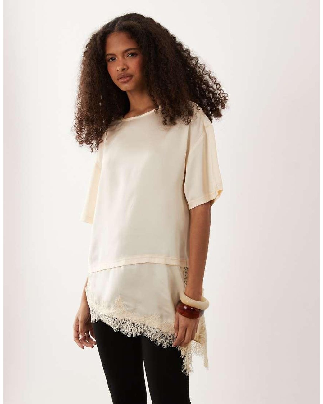 Wednesday's Girl Natural Satin T-Shirt With Asymmetric Lace Hem