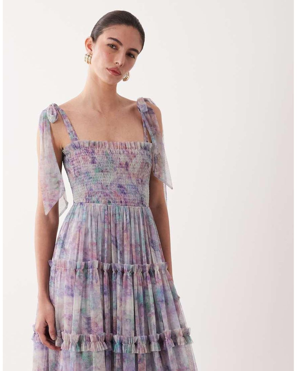 LACE & BEADS Purple Bow Shoulder Shirred Ruffle Midi Dress
