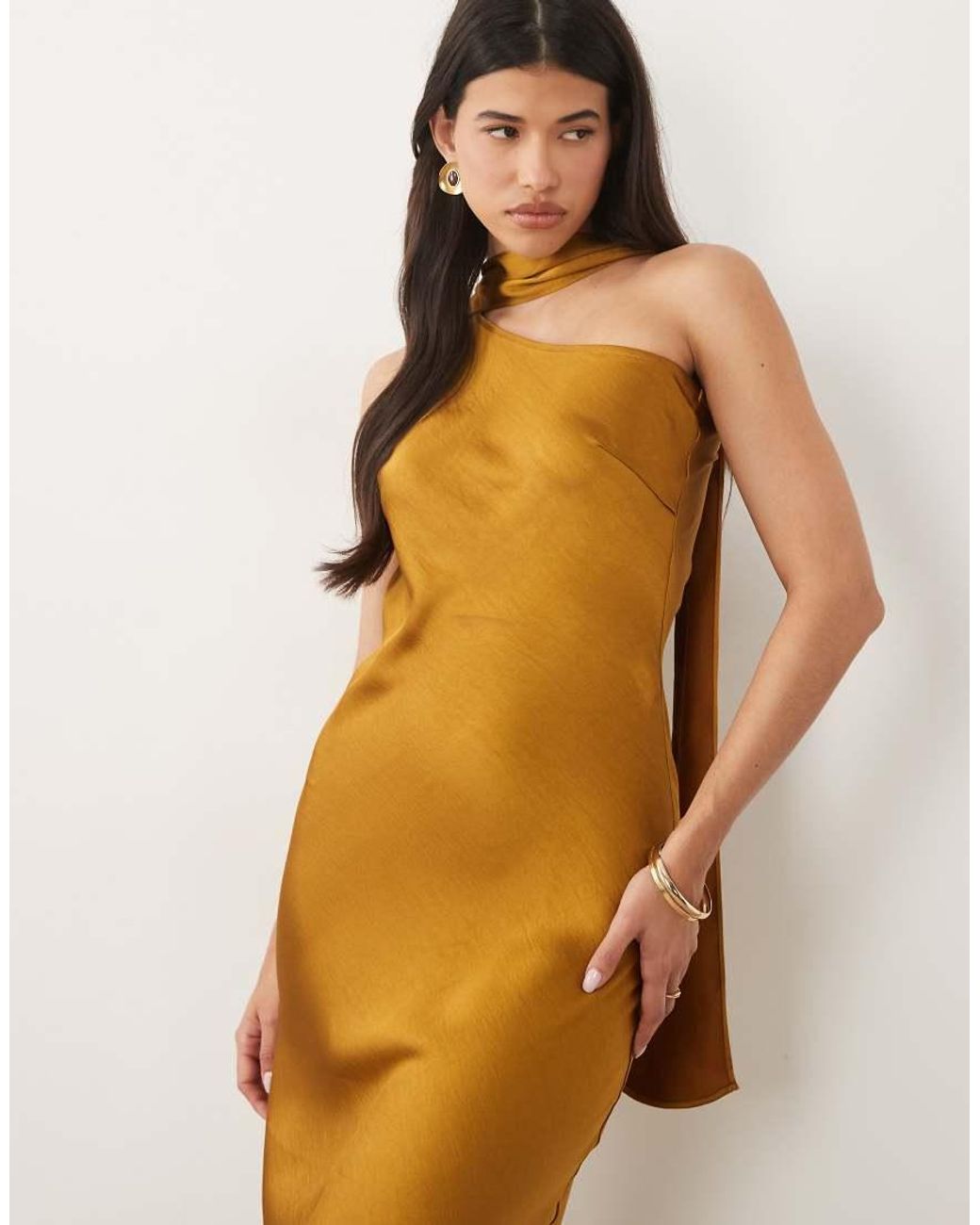 TFNC London Brown Satin One Shoulder Maxi Dress With Scarf