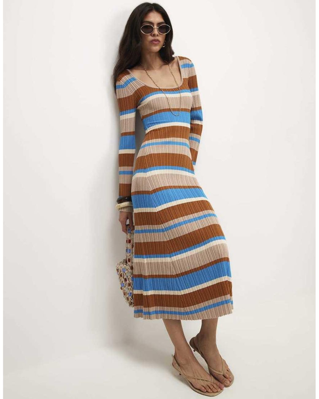 River Island Blue Long Sleeve Stripe Knit Midi Dress
