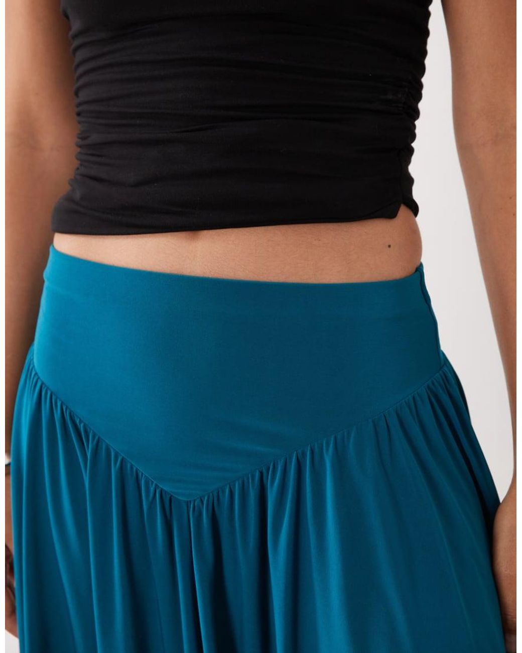 ASOS Blue Slinky V-front Gathered Hi Low Midi Skirt