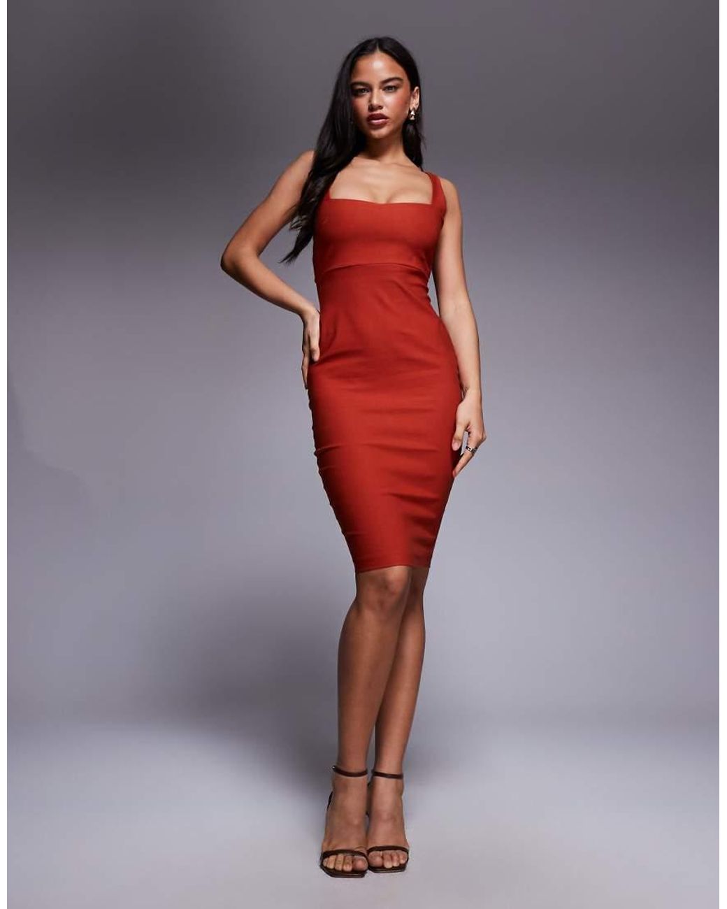 Vesper Red Square Neck Bodycon Midi Dress