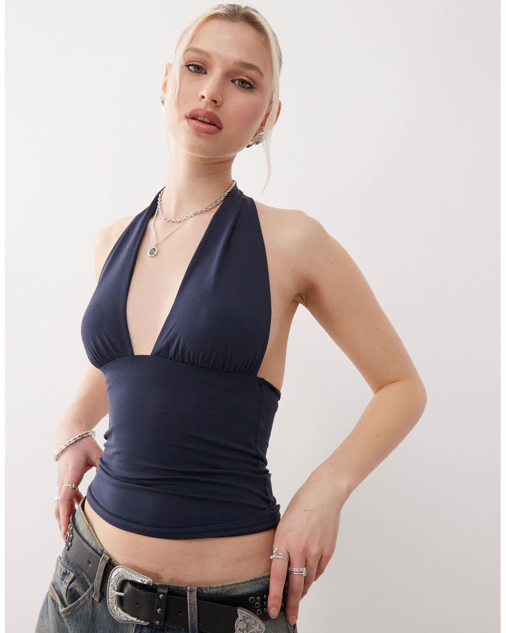 Weekday Blue Aline Deep Halter Neck Top