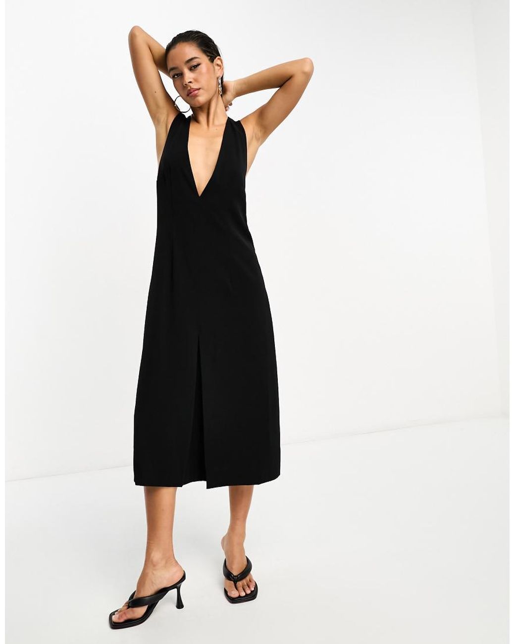 Black floral plunge pinafore dress discount