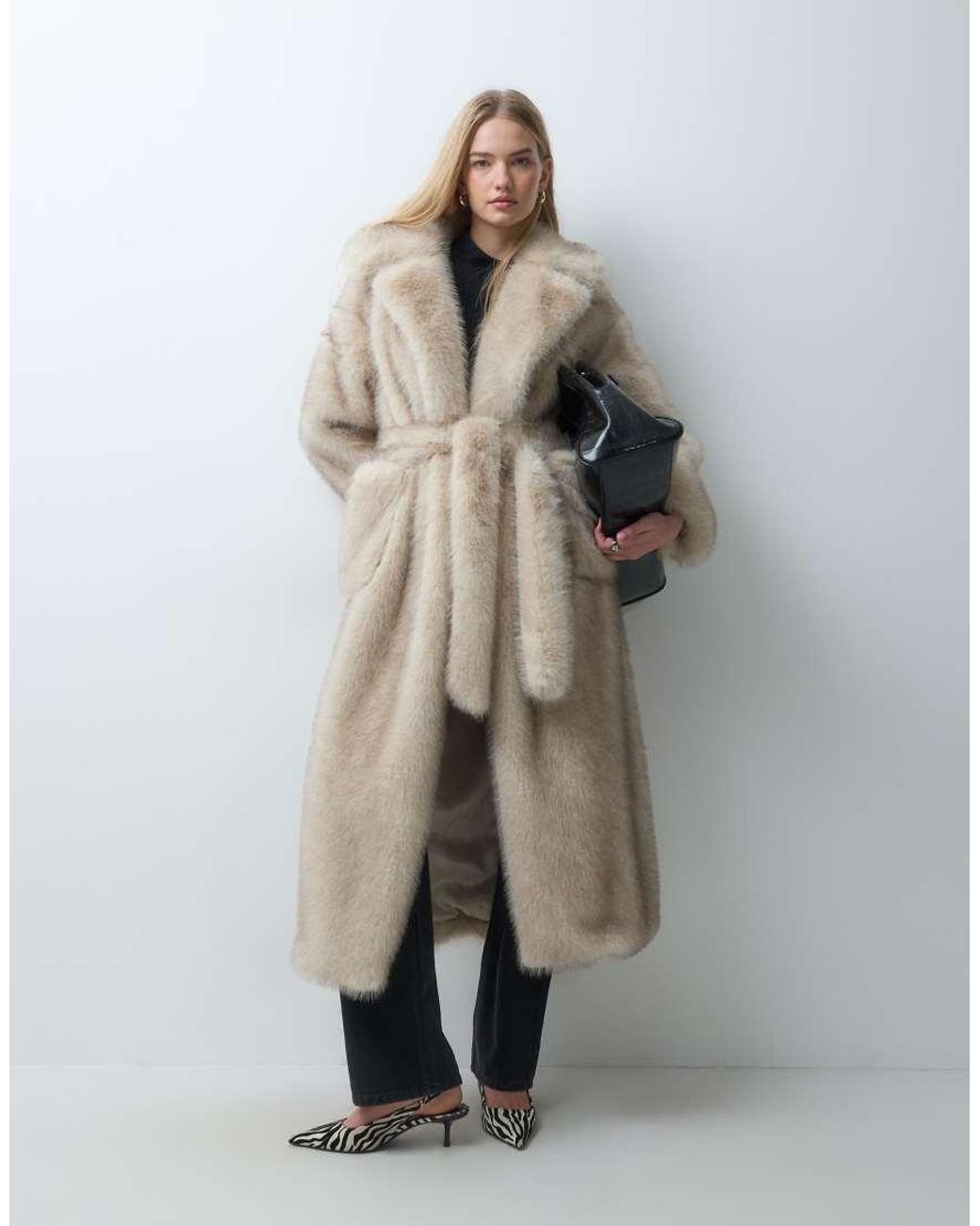 4th & Reckless Natural Faux Fur Oversized Belted Maxi Coat