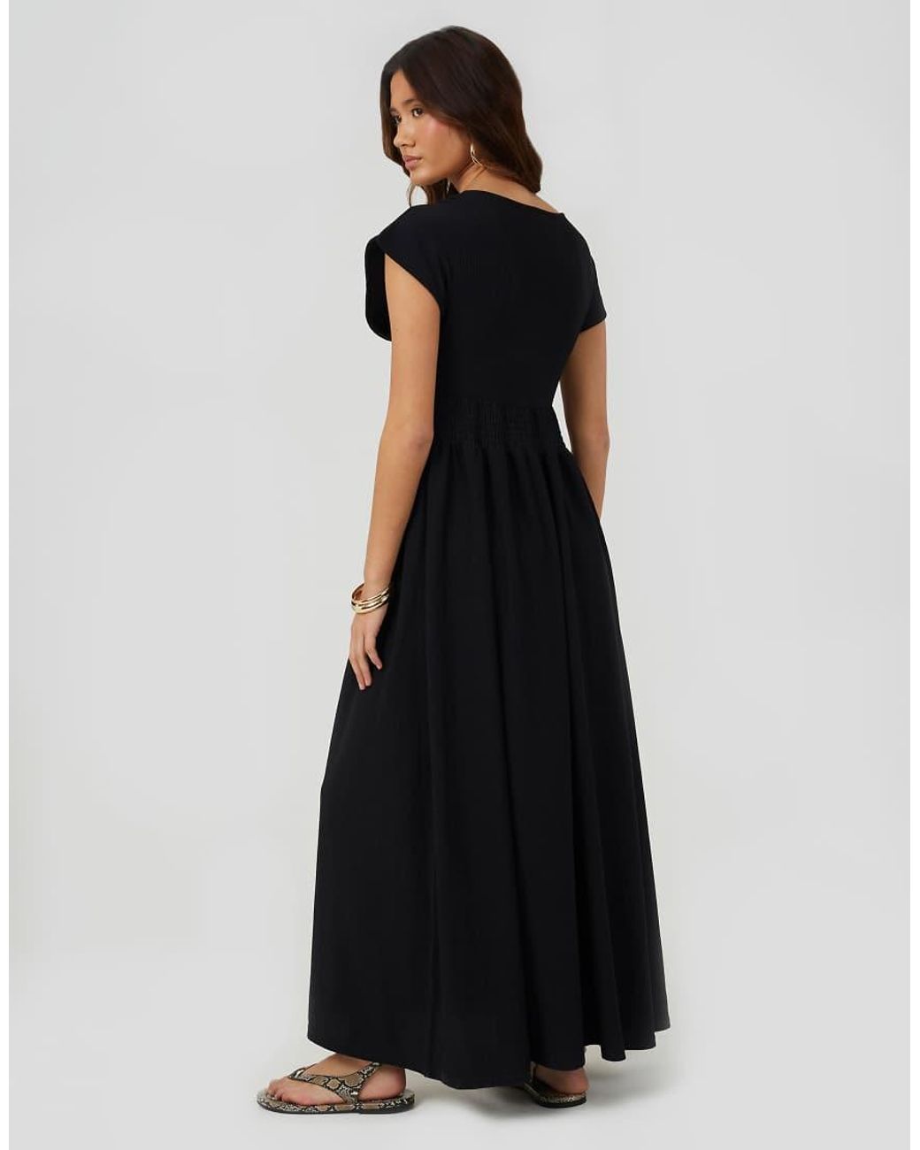 Brave Soul Black Textured Jersey V-Neck Midi Dress With Tie Detail