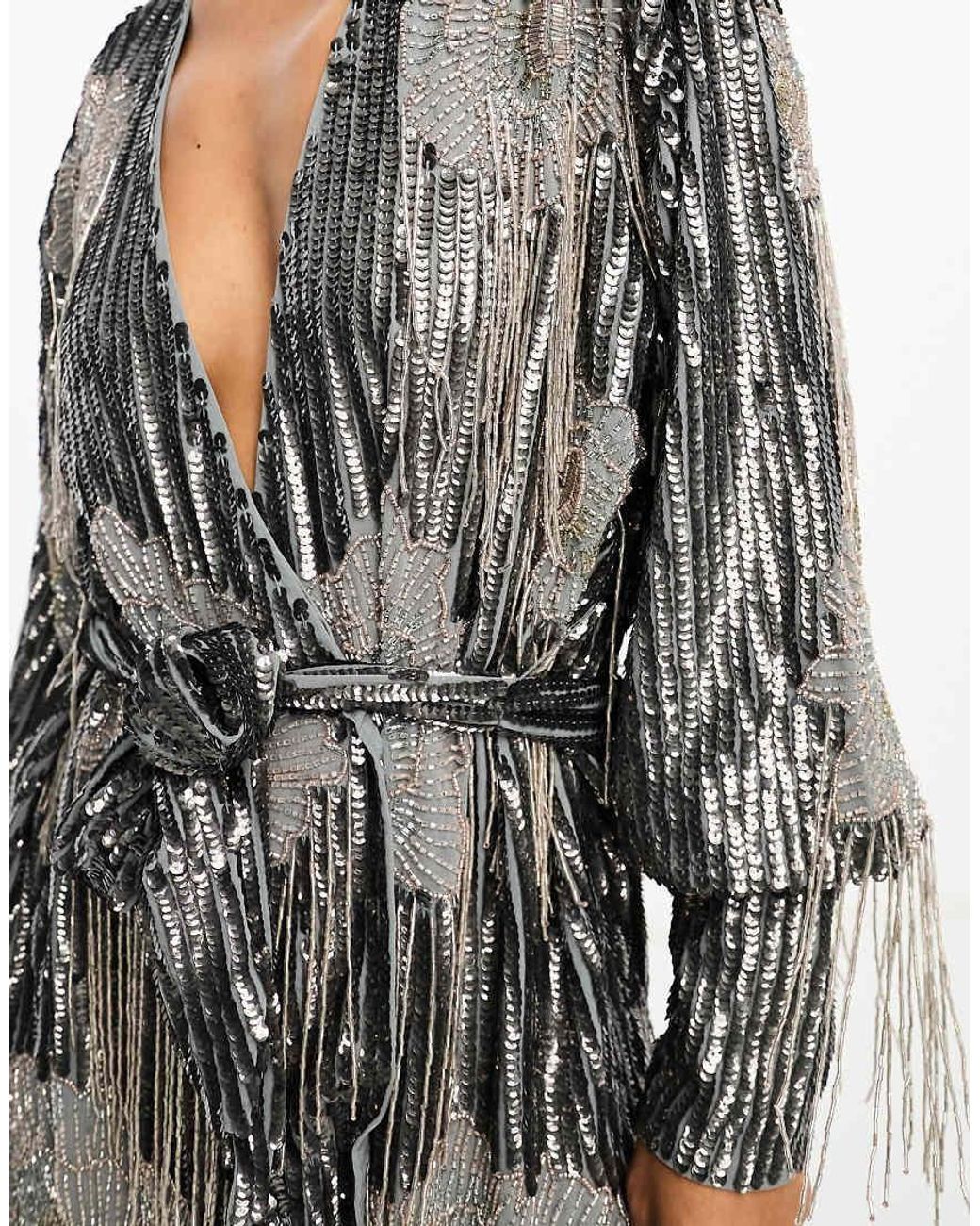 ASOS Floral Fringe Sequin Wrap Mini Dress in Black | Lyst UK