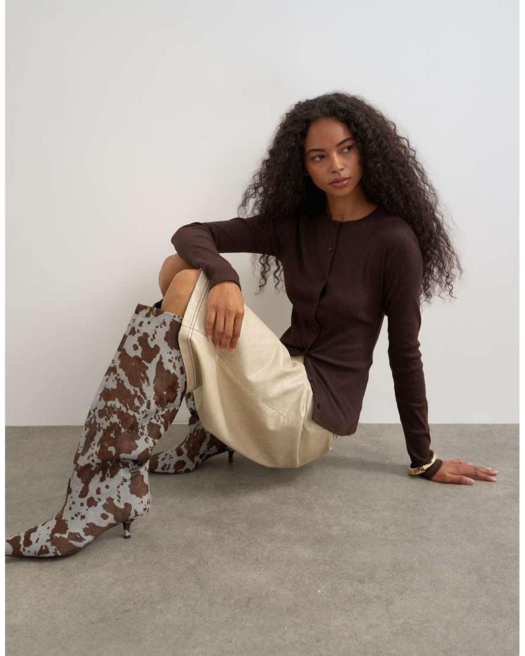 TOPSHOP Brown Button Through Long Sleeve Top