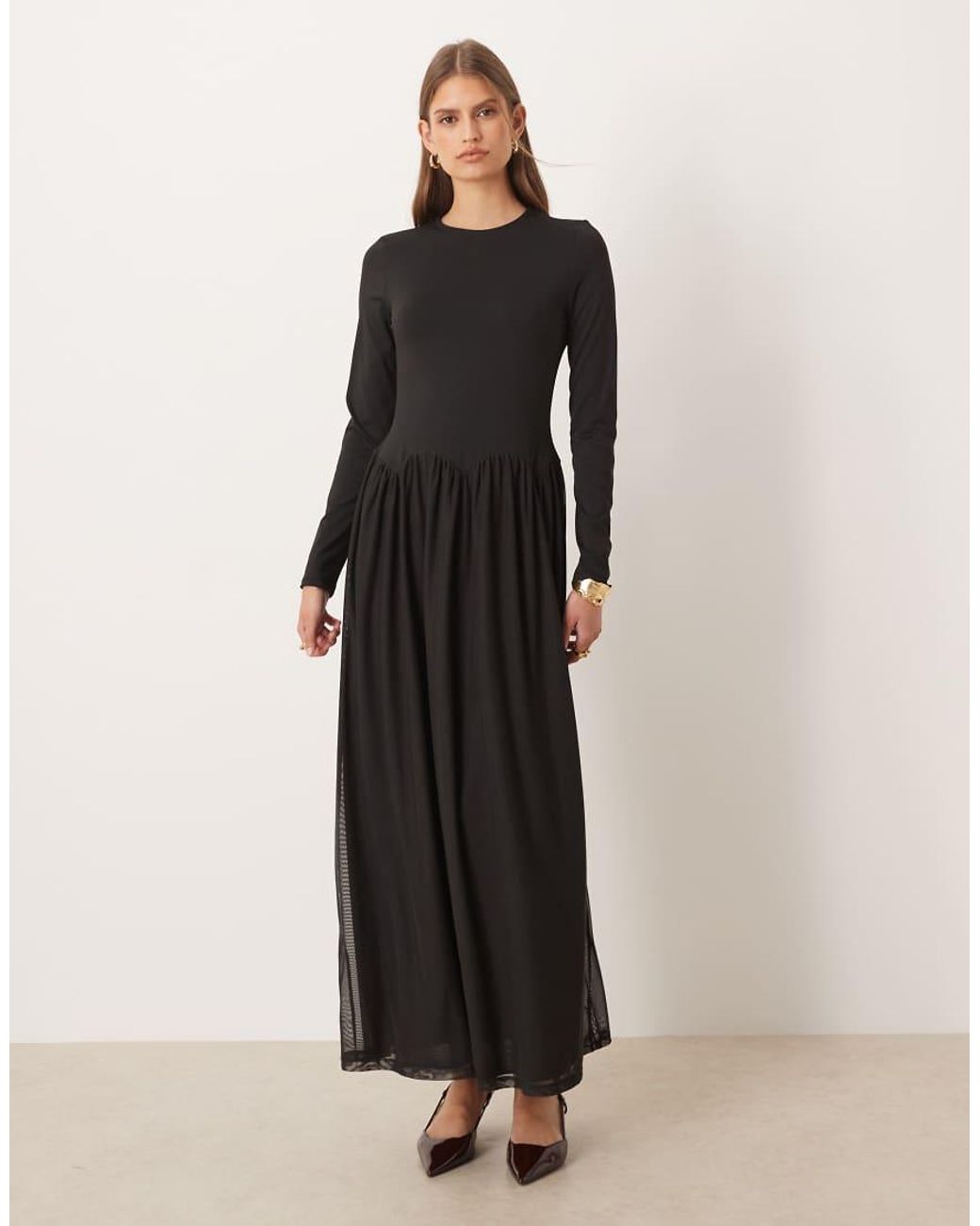 ASOS Black Slash Neck Hybrid Scalloped Waist Detail Midi Dress