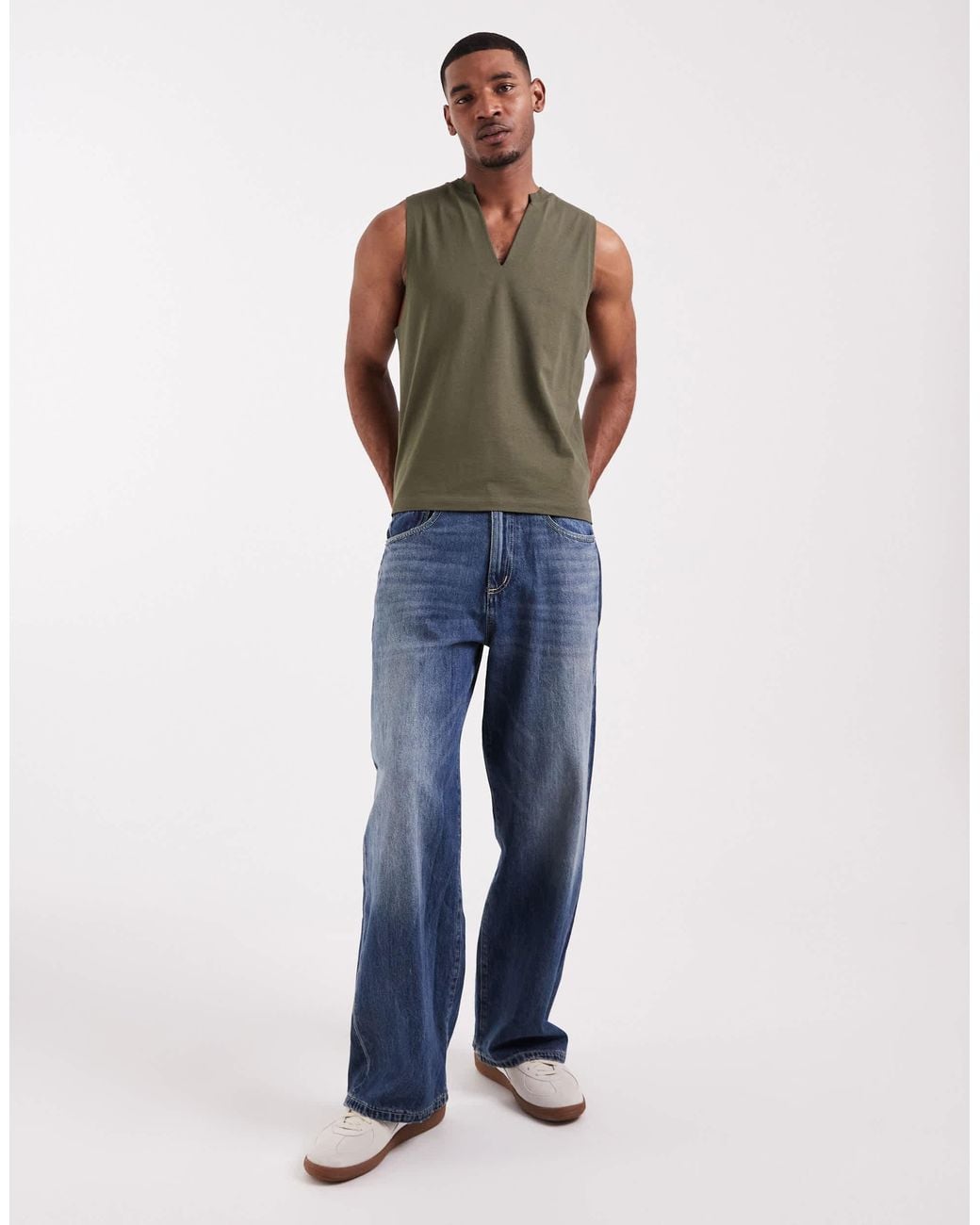 ASOS Green Regular Fit Boxy Tank With V Neck for men