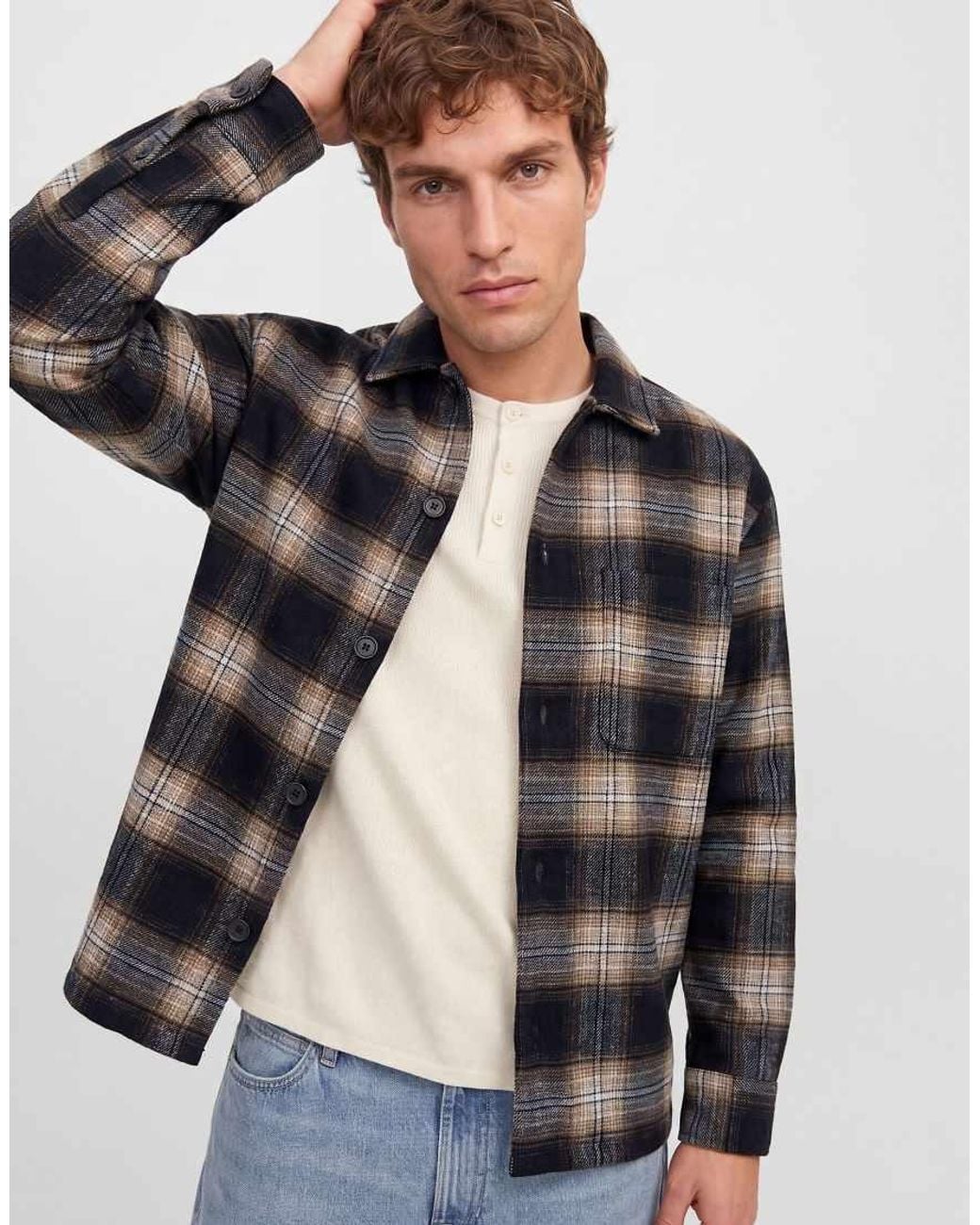 Jack & Jones Gray Soho Relaxed Fit Spread Collar Long Sleeve Shirt for men