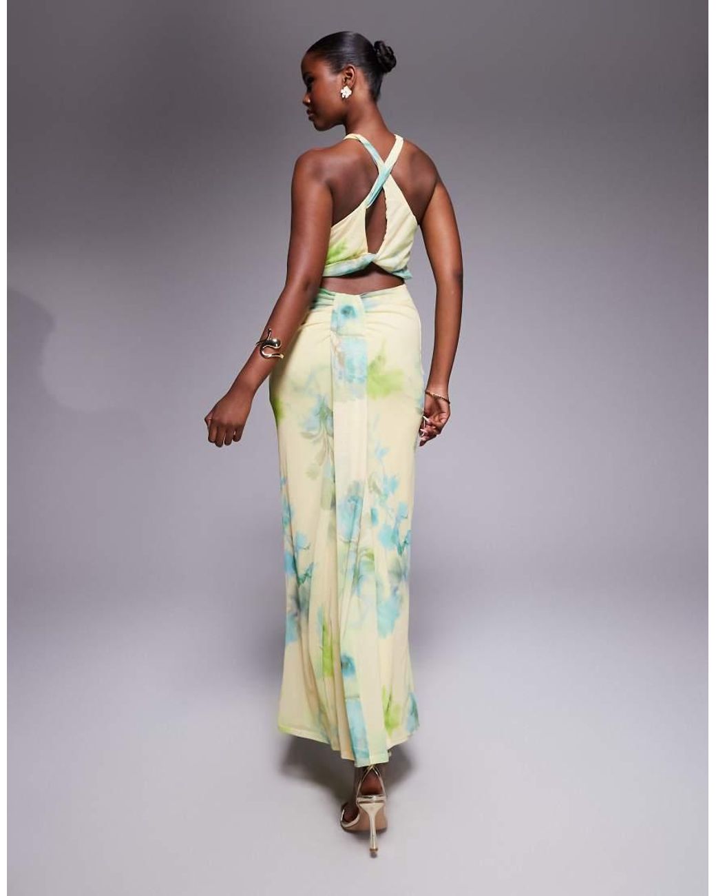 ASOS Multicolor Mesh Trimmed Halterneck Maxi Dress With Twisted Back Detail