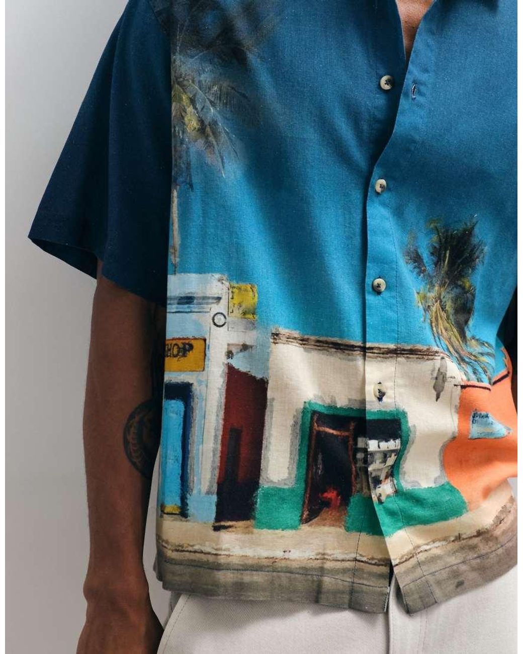 ASOS Blue Oversized Holiday Print Shirt With Linen for men