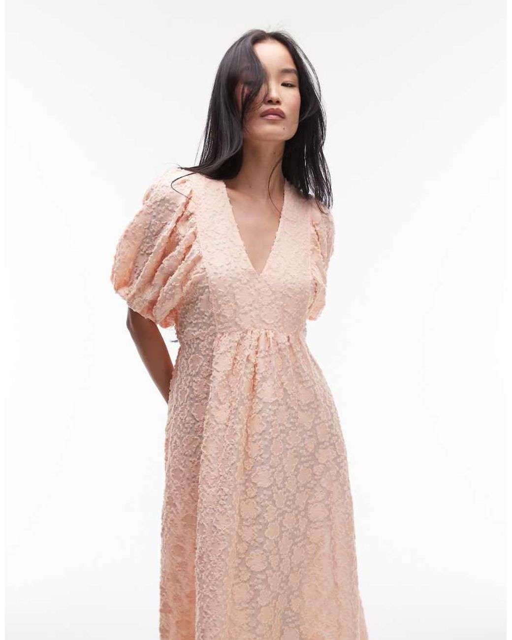 & Other Stories Brown 3d Sheer Jacquard Maxi Dress With Volume Sleeves