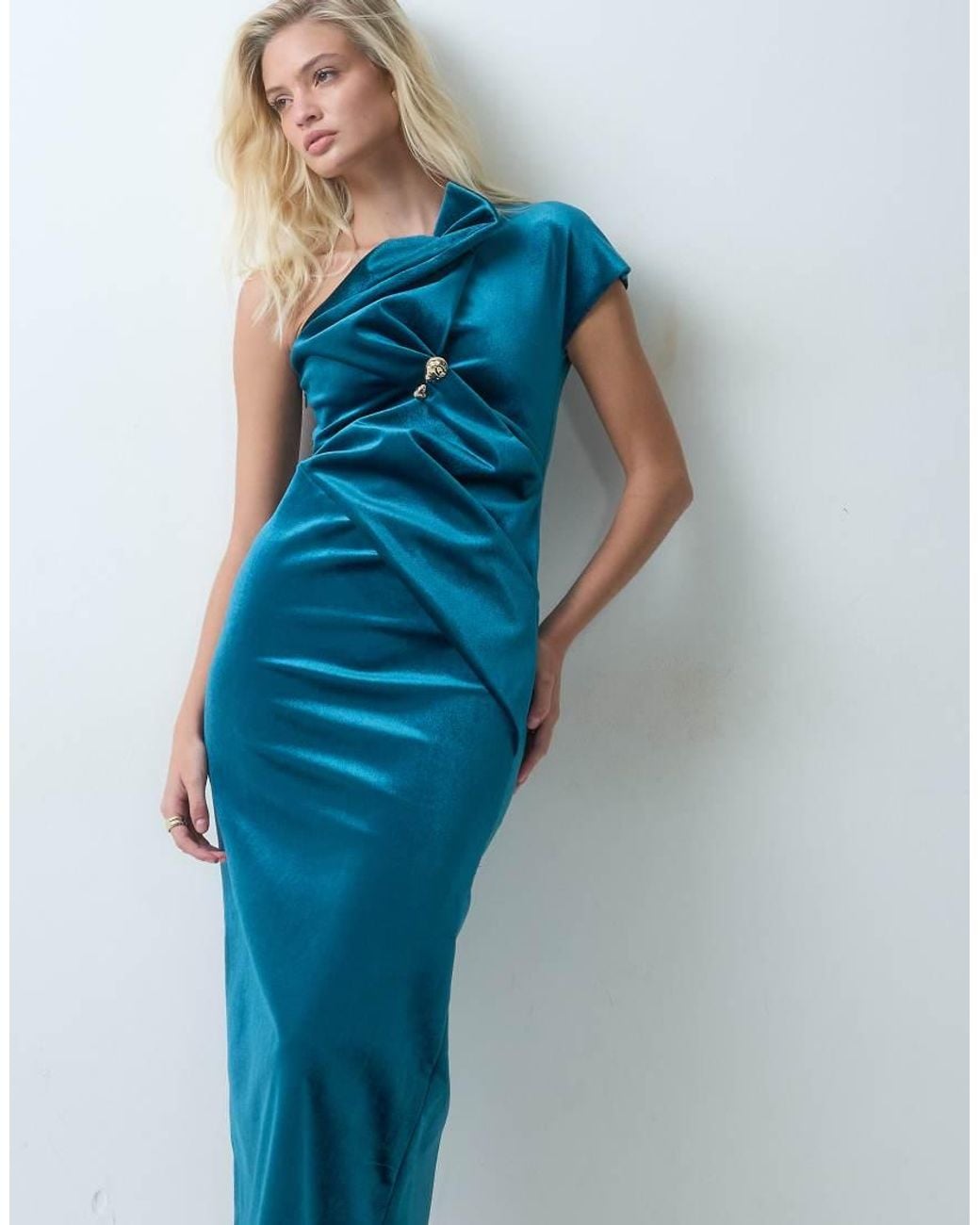 ASOS Blue Asymmetric One Shoulder Midi Dress With Trim