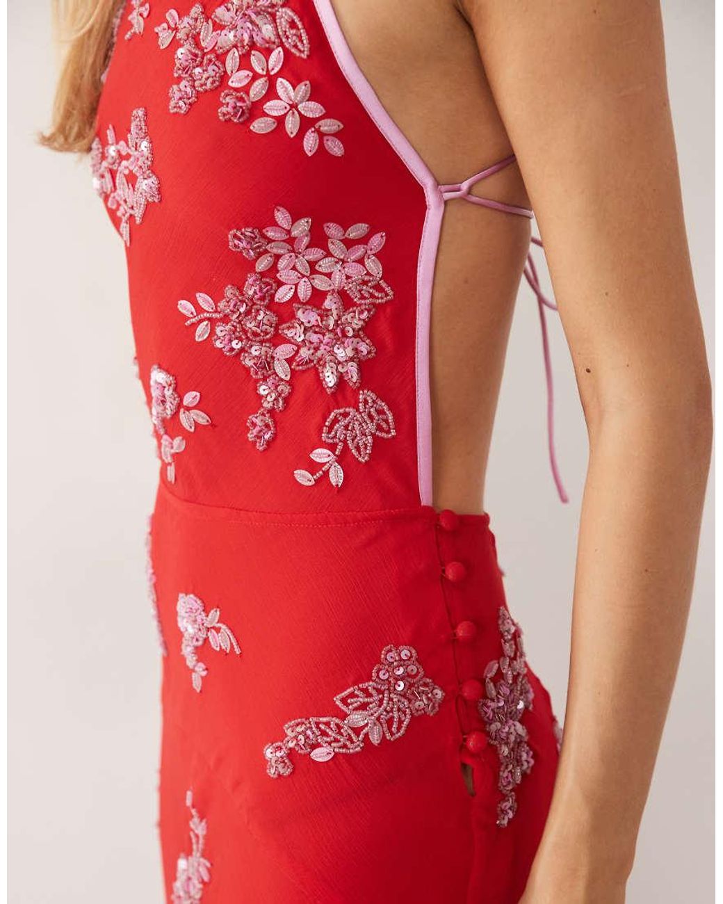 ASOS Red Ditsy Embellished Bias Semi Sheer Chiffon Maxi Dress With Open Back