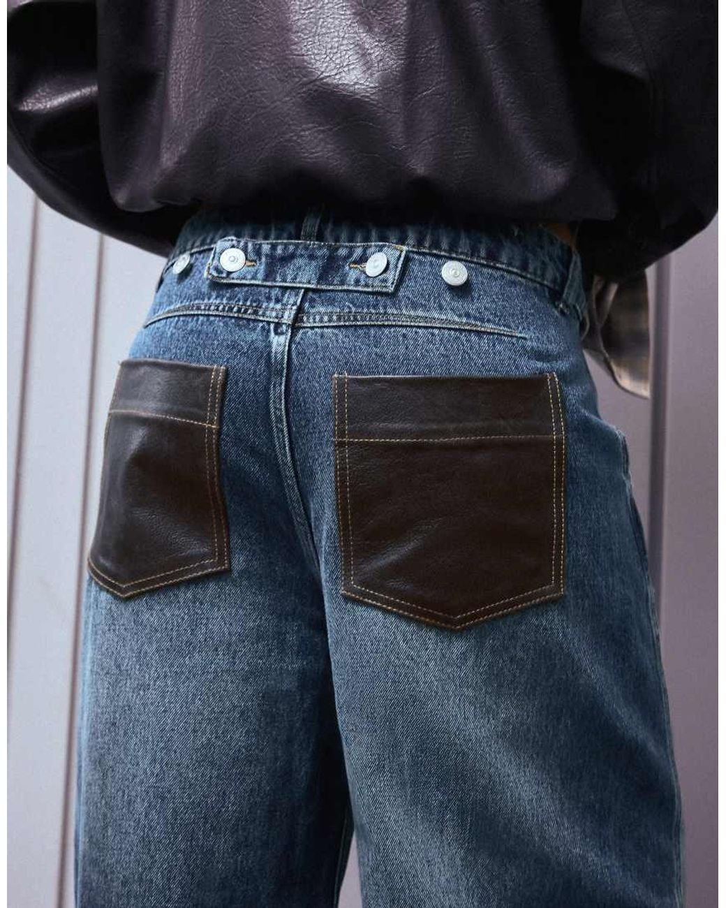 Bershka Blue High-waist Barrel Jeans With Leather Effect Pocket